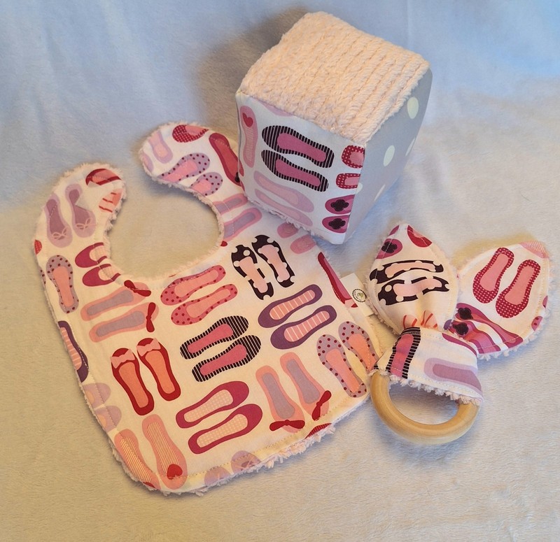 Boutique Baby Toddler Ballet Slippers Chenille Bib, Teething Ring, Block
