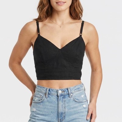 Universal Thread Black Linen Blend Cropped Camisole V-Neck Smocked Back Top M
