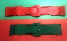 2 Womens Belts Wide Buckle Elastic  Faux Leather Red  Green