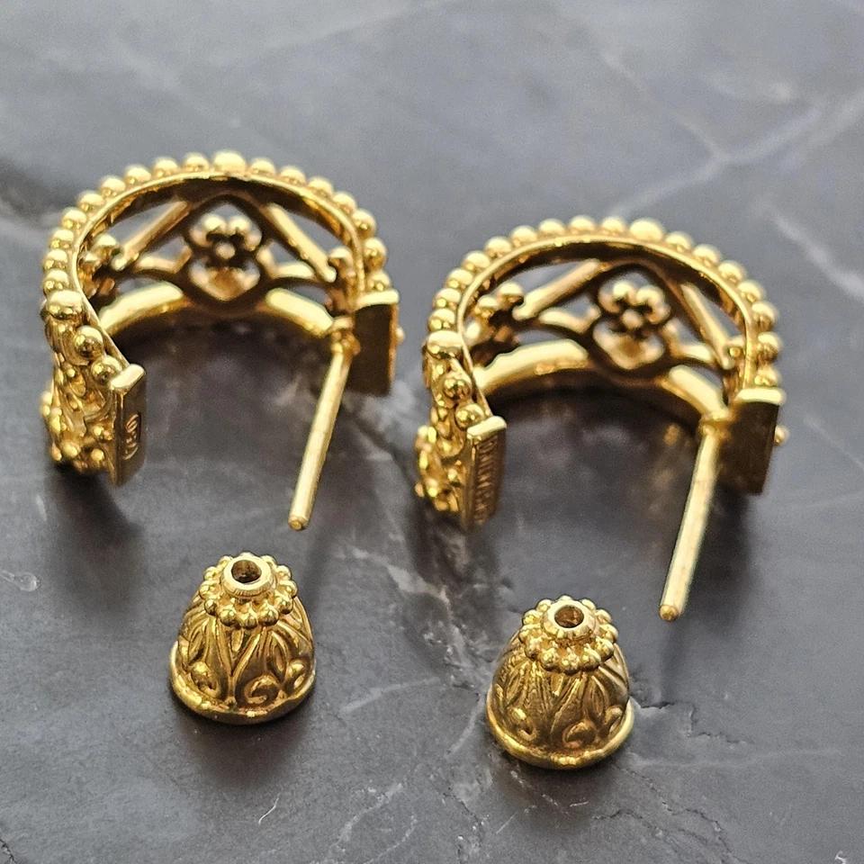 Konstantino 18k 750 Gold Hoop Earrings Filigree Open Work Design Huggies 1/2" 8g - Image 3 of 4