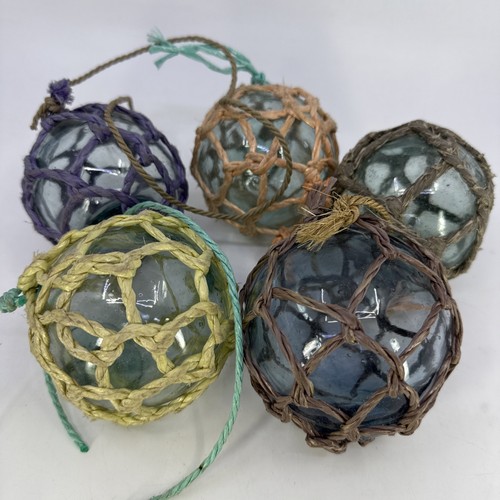 Set of 5 - 3" Japanese Glass Fishing Floats Hand Blown with Synthetic Rope Nets