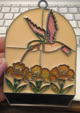 Vtg Suncatcher Hummingbird Bird With Flowers By Window 4.5 x 3.5" Retro Pretty