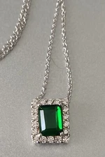 BR Sun Silver Tone Green Rhinestone Pendant Necklace May Birthstone