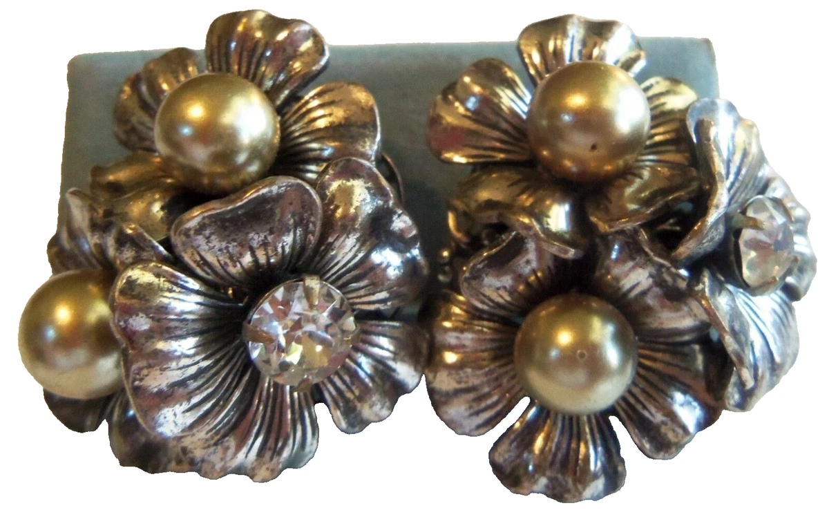 Miriam Haskell Signed Large Flower Pearl Crystal Clip back earrings 40 s deco