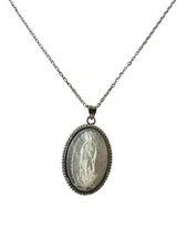 Sterling Silver, Pearl Guadalupe Necklace, Mother of Pearl Oval Pendant and Chai