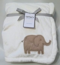 Carter's Elephant White Gray Cozy Baby Blanket Soft Lovey New