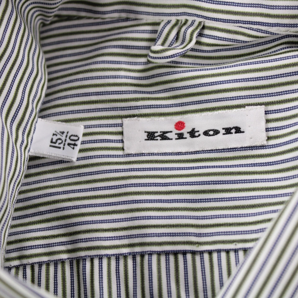 Camicia elegante Kiton nuova senza etichette taglia 15,75 40 verde con righe blu e bianche 100% cotone - Immagine 2 di 4