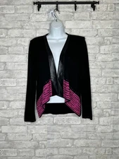 Ming Wang Womens Cardigan Sweater Size PS Black Faux Leather Trim Open Front