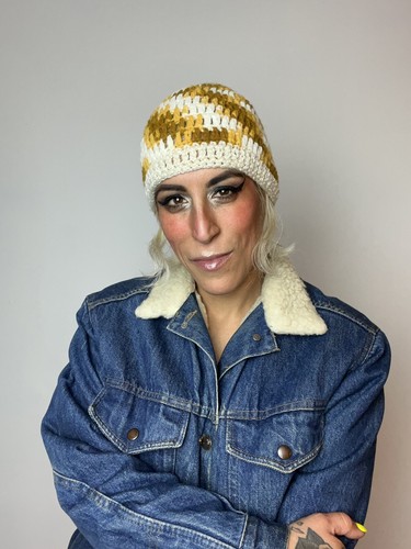 METALLIC GOLD Harvest Yellow 70’s 70s Vintage Wool Acrylic Skull Cap Beanie Hat - Picture 2 of 11