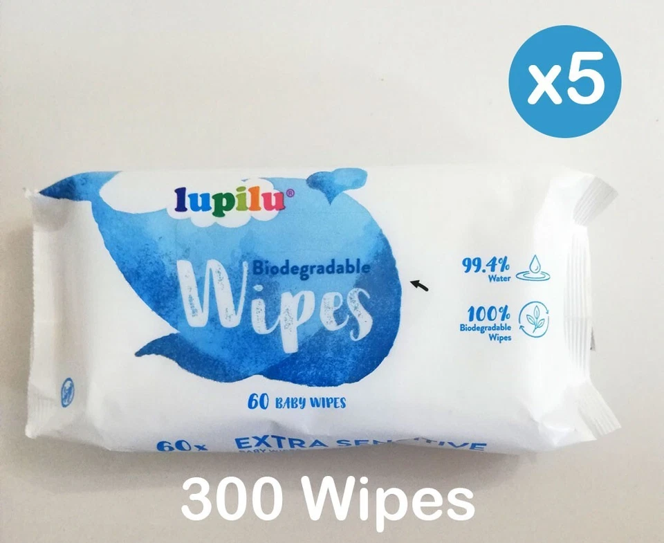 5 x Lupilu Biodegradable Baby Wipes Extra Sensitive 99.4% Water (300 Wipes)