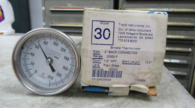  NEW TREND INSTRUMENTS 3'' BIMETAL THERMOMETER 0°F-200°F 12'' STEM 1/2'' NPT 30