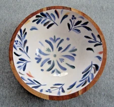 Blue Floral Lined Wood Large Serving Bowl 9" x 3.5" Tall Dish Pre-owned with Tag