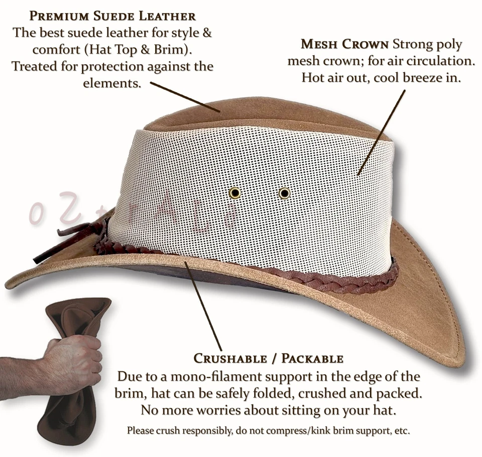 HAT oZtrALa HL34 Suede LEATHER Mesh Breeze Australian Cowboy Golf Outback Summer - Image 4 of 4