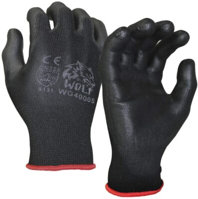 WOLF Ultra-Thin Black Work Gloves Polyurethane Palm Coated Nylon Shell 12 Pairs