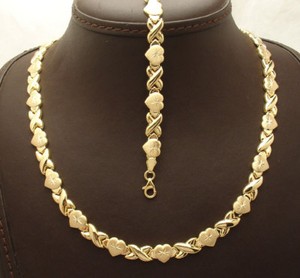 Authentic Diamond Cut Hearts & Kisses Bracelet Necklace Set 10K Yellow Gold Plated Silver