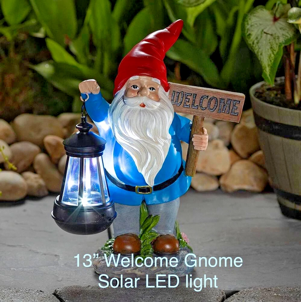 13" Welcome Garden Gnome Lantern Sculpture Decor Solar Power LED Light Blue NIB