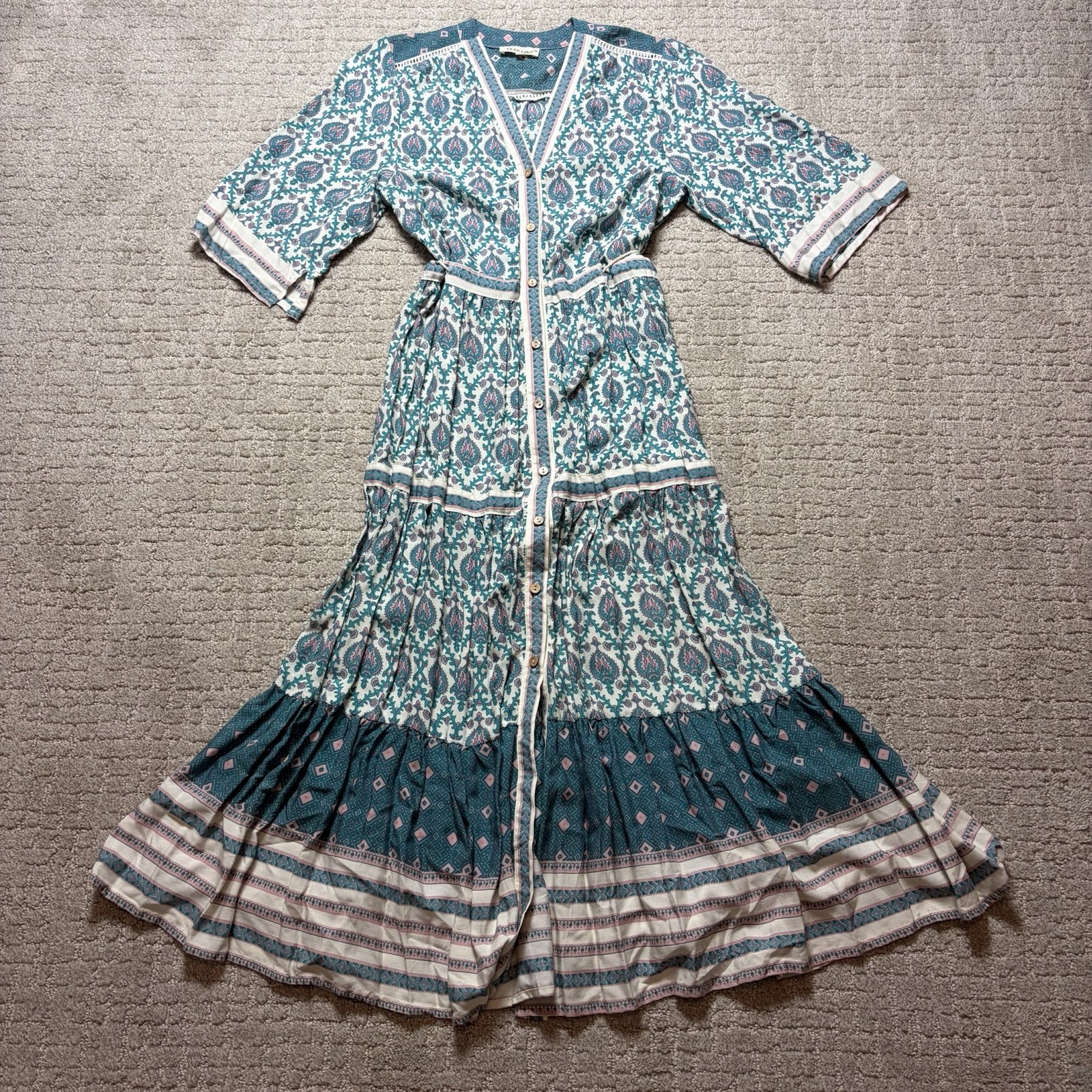 FP To Love Boho Maxi Dress Kimono Sleeve Paisley Print Gypsy Tie Waist Large