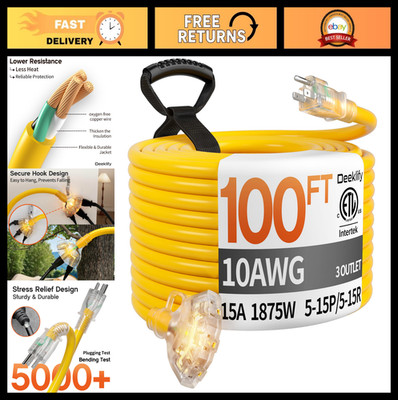 100ft 10 Gauge Heavy Duty Outdoor Extension Cord Splitter, 3 Outlets, Waterproof
