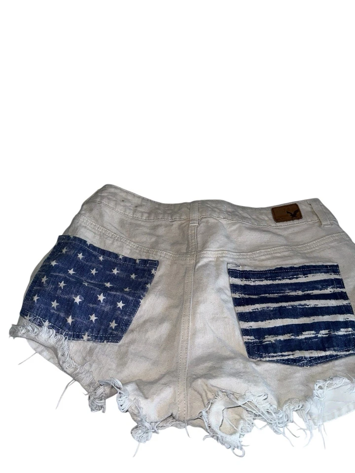 Pantalones Cortos American Eagle Hi Rise Off Blanco Denim Festival Bandera Estrellas Rayas Talla 10 Foto 3 de 4