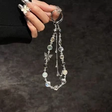 Crystal Beads Ethereal Butterfly Dangle Phones Wrist Strap Key Charm Lanyard 