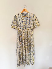 Nobody's Child Dress Size UK 12 Cream Blue Floral Starlight Woven Linen 