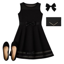 Calvin Klein Girls 14 Black Sleeveless Fit Flare Mesh Party Dress Bow Waist NWT