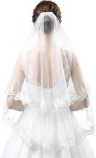 Lace Wedding Bridal Veil with Comb, 2 Tier Floral Edge Bridal Tulle Veil