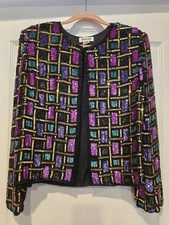 80s Glam Silk Sequin Jewel Tone Jacket Size M Mark & John By Gopal Vintage