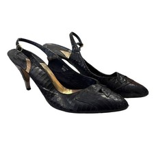 Vtg 80s J.Rene Slingback Heels Black Faux Snakeskin Pointed Toe Kitten Heel 9M