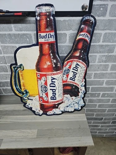 VTG Budweiser Bud Dry 2 Bottle Embossed 1990 Metal Tin Tacker Bar Sign 19x25