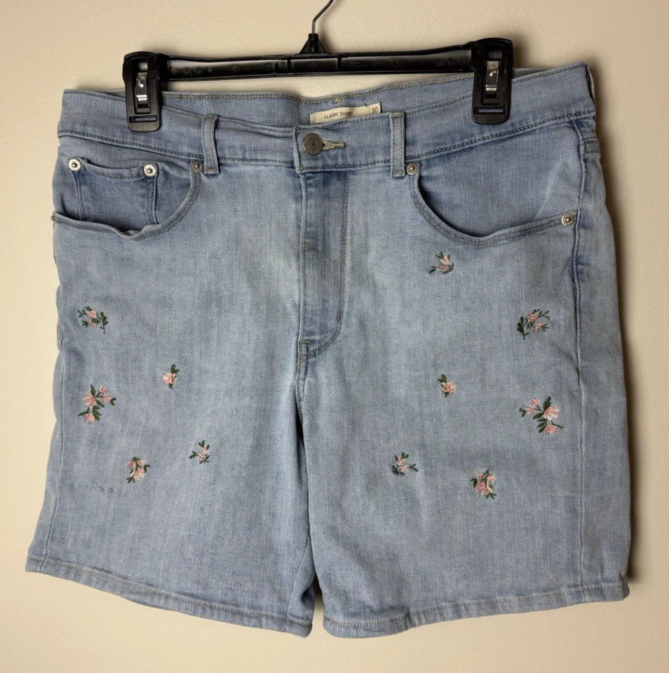Pantalones Cortos Vaqueros Clásicos Levis Talla 30 Floral Bordado Denim Azul Rosa Verde Blanco Foto 2 de 4