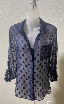 Diane Von Furstenberg Lorelei Navy Silk Button Up Sheer Blouse Black Stars 10