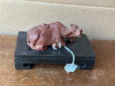 Vintage Hand Carved Rosewood Water Buffalo Figurine   Reclining w/ Stand 4"