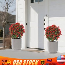 2 Artificial Boxwood Topiary Ball Trees Set with Red Flowers for Indoor/Outdoor