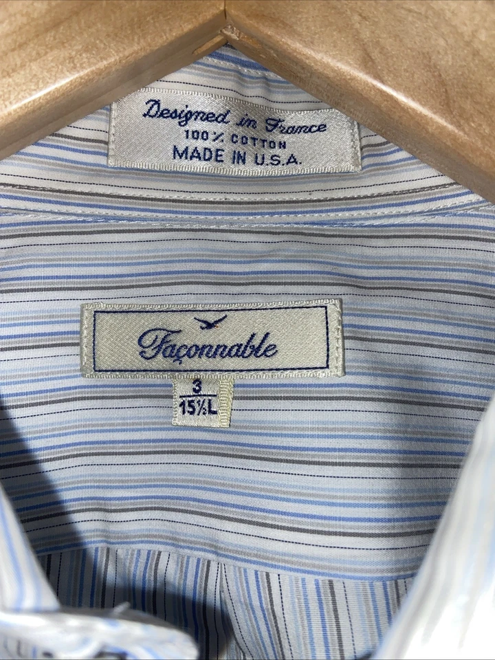 Faconnable Talla 3/15.5 R Para Hombres Azul Marrón Blanco Rayas Puño Francés Cuello Extendido Foto 3 de 4