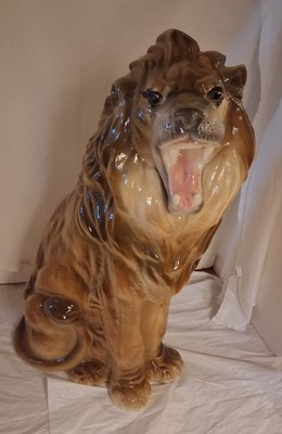 2 Foot VTG MCM Ceramic Roaring Lion Hollywood Regency Style AA Glazed