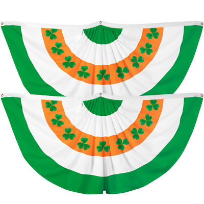 G128 2 Pack: Irish Shamrock Pleated Fan Flag 1.5x3 Ft Printed 150D Polyester
