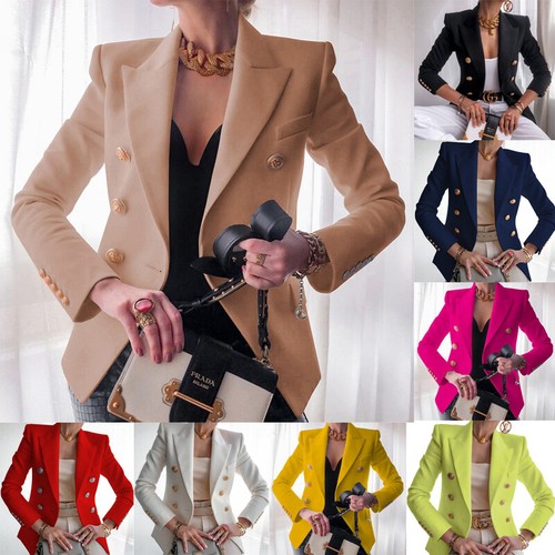 Womens Button HEAVY Blazer Double Breasted Ladies Formal Office Jackets Outwear-