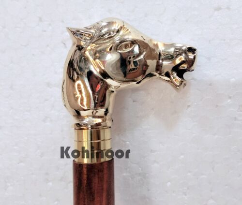 Wooden Walking Stick Brass Horse Head Handle Adjustable Antique Cane Senior Gift - 第 1/6 張圖片