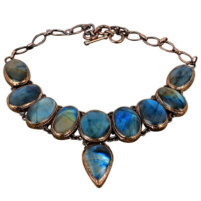 Mothers day Deal Copper Natural Labradorite Bezel Chain Electroformed Necklace