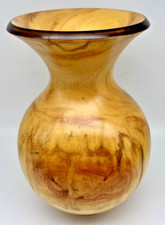 Hand Turned Wood Vase 10.5" Light Brown w/Dark Brown Rim Organic Bulbous Shape
