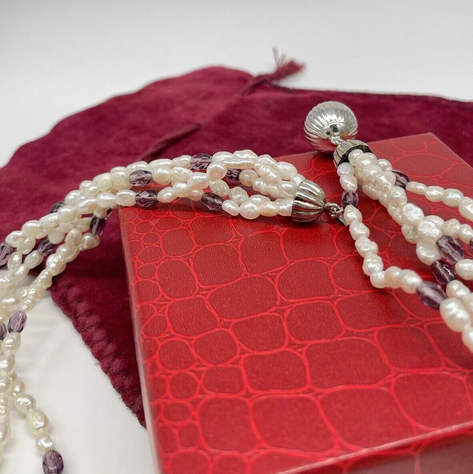 Collana donna elegante girocollo di perle naturali di fiume argento925 multifilo - Immagine 3 di 4