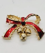 Christmas Ribbon Red Bow Brooch Pin Gold Tone Dangling Bells Enamel #A