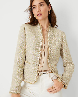 【DEARMINE】Label Tweed Wrap Jacket NEW ANN TAYLOR $179 CHAMPAGNE METALLIC TWEED CUTAWAY JACKET