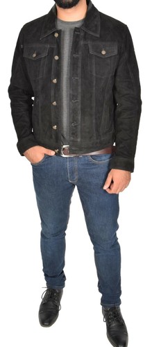 Mens Soft Suede Trucker Jacket Fitted Biker Denim Style Black Burgundy Olive Tan - Picture 10 of 39