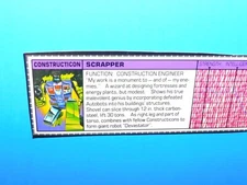 1985 G1 TRANSFORMERS SCRAPPER CONSTRUCTICON TECH SPEC FILE CARD 100% ORIGINAL !!