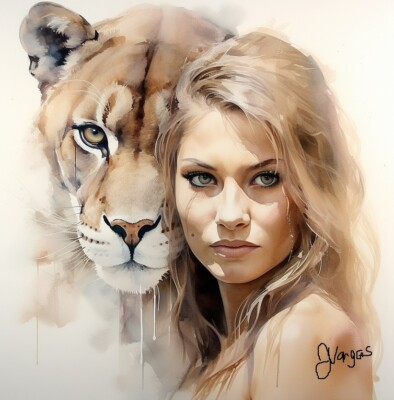Watercolor Beautiful Cougar and Woman Painting Art Print 8.5x11 | eBay