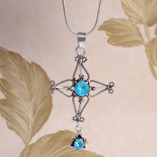 Swiss Blue Topaz Gemstone 925 Sterling Silver Pendant Cross Dainty Style Jewelry - Picture 3 of 7