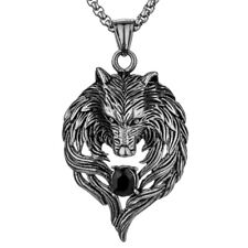Carved Wolf Head Pendant Necklace Black Men Women Casual Beads Jewelry Gifts