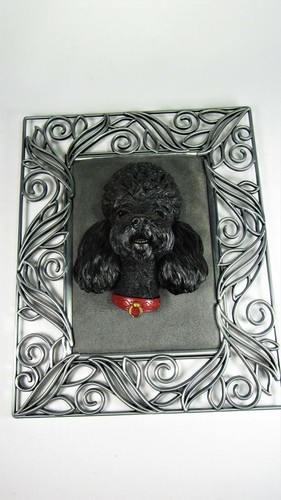 Bossons Kopf Pudel Hund schwarz mit rotem Halsband Rahmen 10 1/2" HOCH - 1980er EVC - Bild 4 von 6